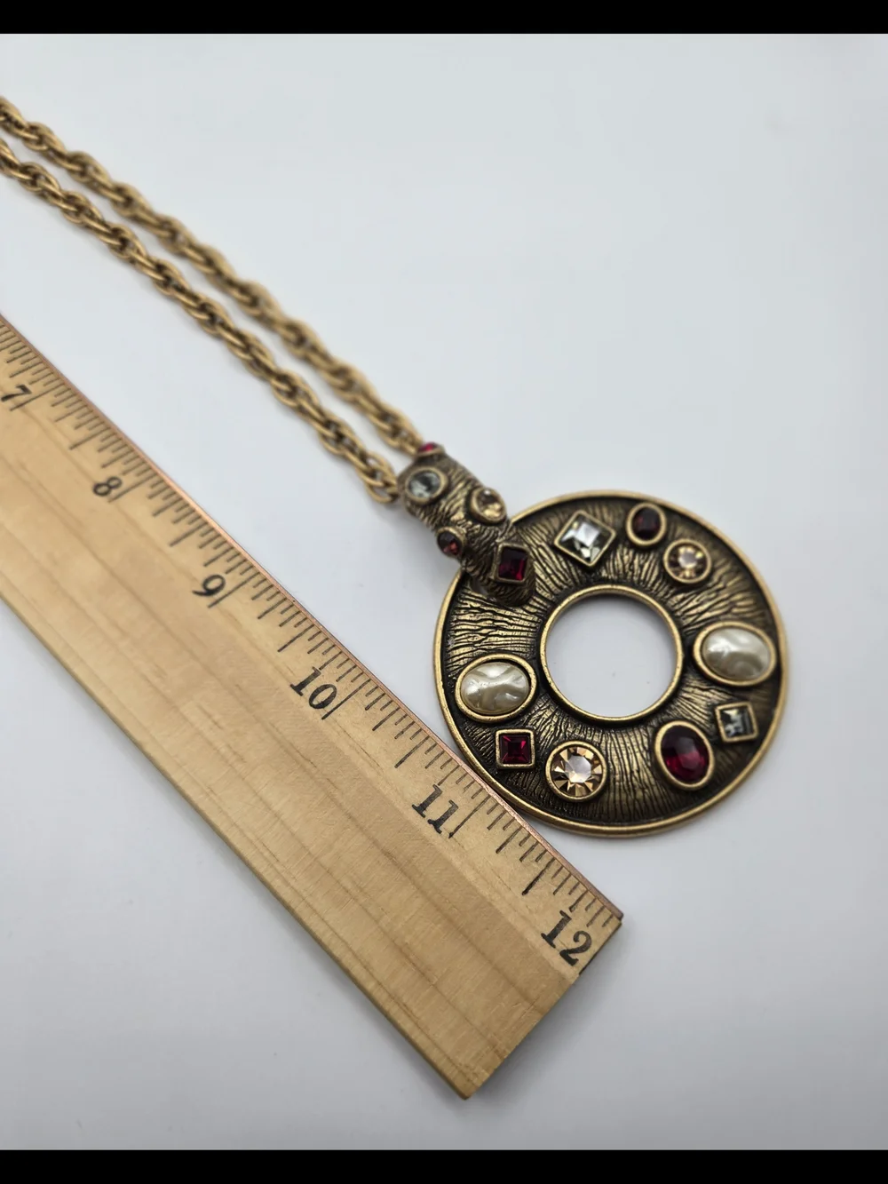 Chico's GoldTone Circle Pendant Necklace Color Crystal Pearl Accents MOD Retro